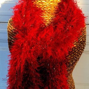 Crochet silk red fuzzy handmade scarf